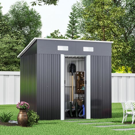 LIVINGANDHOME 4ft x 6ft Metal Garden Shed Pent Roof Storage Tools House with FREE Base Foundation