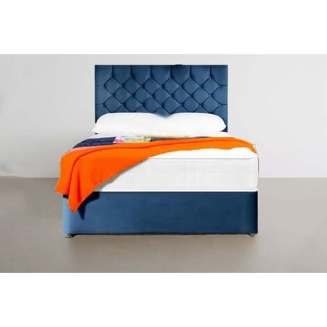 4FT6 Double Blue Velvet Divan Bed with 20 inch Buttoned Headboard and 10 inch Spring Memory Mattress and 2 Drawer Options