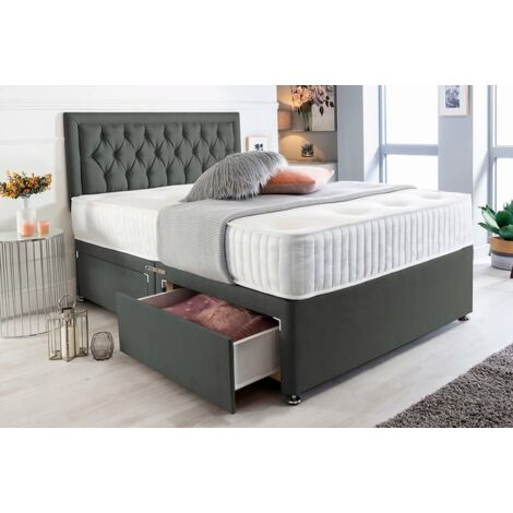 4FT6 Double Dark Grey Linen Divan Bed & Spring Memory Foam Mattress(2Drawers)