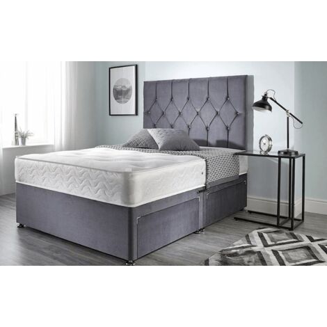 4FT6 Double Grey Plush Divan Set with Matching Headboard & Spring Mattress