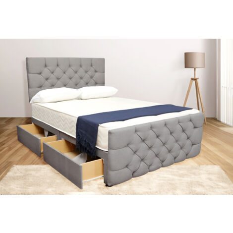 4FT6 Double Grey Suede Chesterfield Divan Bed With Mattress & Sturt Headboard Footboard (2 Drawers)