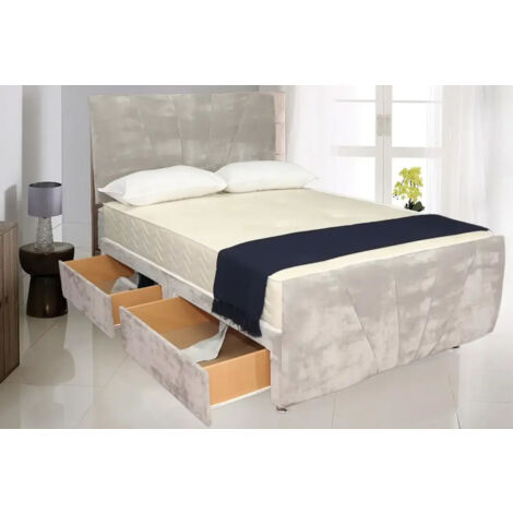 4FT6 Double Light grey Crushed Velvet Divan Bed Set With 20 inches Heaboard Foot Board and 10 inches Mattress