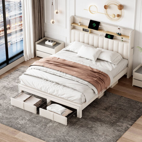 4FT6 Double Upholstered Bed with 2 Storage Drawers, Riveted Storage Bed with Charging and Lighting, Linen Platform Bed Frame, Beige (No Mattress)