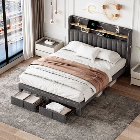 ABRIHOME 4FT6 Double Upholstered Bed with 2 Storage Drawers, Riveted Storage Bed with Charging and Lighting, Linen Platform Bed Frame, Grey (No Mattress)