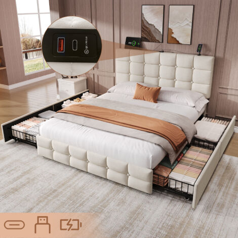 4ft6 Double Upholstered Bed with 4 Storage Drawers, Velvet Bed Frame with USB and Type - C Ports, No Box Spring Needed, Grey (No Mattress)