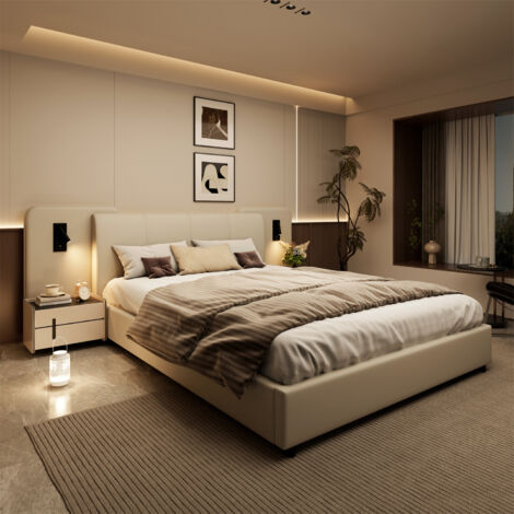 4ft6 Double Upholstered Bed with USB Charging Port & LED Lighting,Modern Bedframe with Soft Padded Headboard,Beige