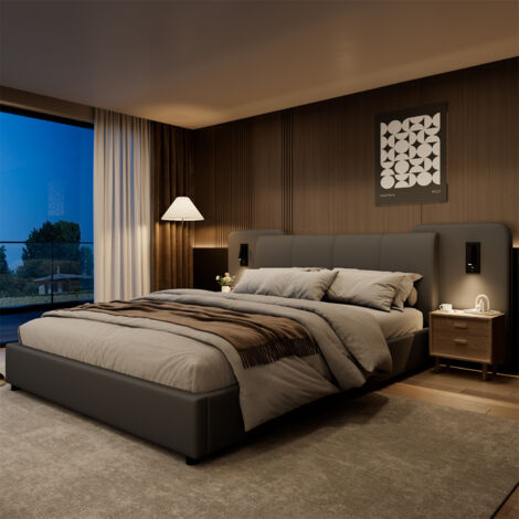 4ft6 Double Upholstered Bed with USB Charging Port & LED Lighting,Modern Bedframe with Soft Padded Headboard,Grey