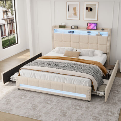 4ft6 Double Upholstered Storage Bed with LED Rivets & Charging Station - Linen Fabric, Button Tufted Headboard with USB/Type-C Ports, 4 Storage Drawers, No Box Spring Needed, Modern Bed Frame for Bedr