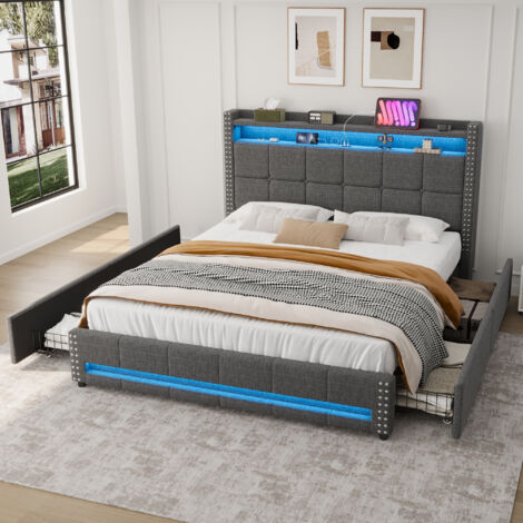 4ft6 Double Upholstered Storage Bed with LED Rivets & Charging Station - Linen Fabric, Button Tufted Headboard with USB/Type-C Ports, 4 Storage Drawers, No Box Spring Needed, Modern Bed Frame for Bedr