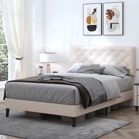 MODERNLUXE 4ft6 Double Upholstered Velvet Bed Frame, with Adjustable Button-Tufted & Riveted Headboard, Velvet Bed Frame with Solid Wood Slat and Mute Foam, Beige