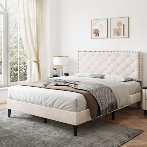 4FT6 Double Upholstered Velvet Bed Frame, with Adjustable Button-Tufted & Riveted Headboard, Velvet Platform Bed Frame, Easy Assembly, Beige