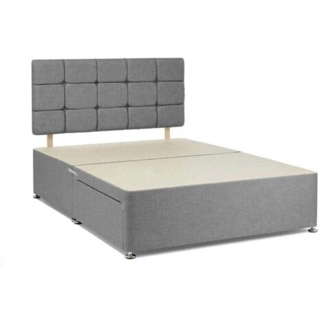 4FT6 Grey Chenille Fabric Divan Bed Base with Headboard & 2 Drawers