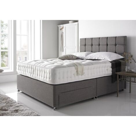 4FT6 Grey Linen Divan Bed Set with 20'' Cube Headboard 10'' Spring Mattress & 2 Storage Drawers