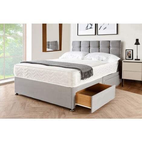 4FT6 Grey Suede Plush Divan Bed with 2 Storage Drawers