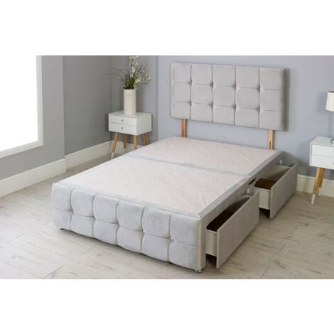 SR LIVING LTD 4FT6 Light Grey Plush Divan Bed Base & Cube Headboard & Footboard with 2 Storage Drawers