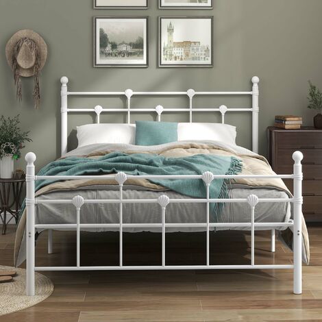 4ft6 Metal Bed Frame for Adults Kids Children with Vintage Headboard and Footboard (white, 135*190cm)