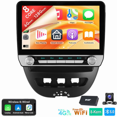 4G 6+128G Android15 Autoradio CarPlay Kam Pour Citroen C1 Peugeot 107 Toyota Aygo 2005-2014 6+128G DAB CAM