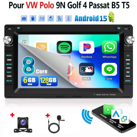 4G 8 cœurs Autoradio Android 15 7 Pouces 6Go+128Go pour VW Polo 9N / Golf 4 / Passat B5 - Apple CarPlay, GPS, RDS, Microphone Intégré - 6+128G CAM