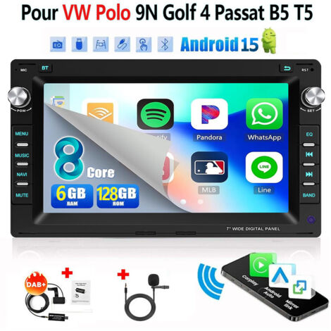 4G 8 cœurs Autoradio Android 15 7 Pouces 6Go+128Go pour VW Polo 9N / Golf 4 / Passat B5 - Apple CarPlay, GPS, RDS, Microphone Intégré - 6+128G DAB+