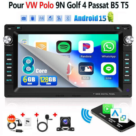 4G 8 cœurs Autoradio Android 15 7 Pouces 6Go+128Go pour VW Polo 9N / Golf 4 / Passat B5 - Apple CarPlay, GPS, RDS, Microphone Intégré - 6+128G DAB+ CAM