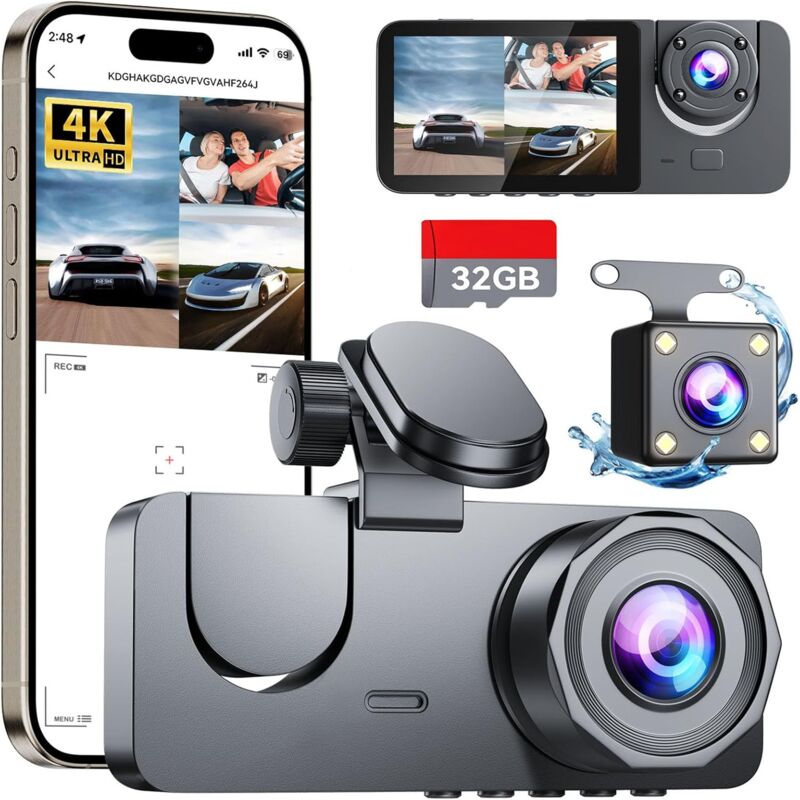 4K Dashcam Voiture Avant Arrière, Wi-FI GPS Caméra Voiture avec Carte SD 32G, Camera Voiture à 3 canaux Grand Angle 170°, Vision
