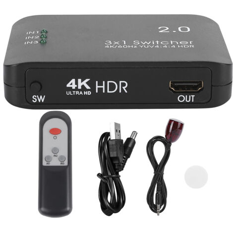 4K-HDMI-Switch mit 3 Eingängen und 1 Ausgang, IR-Fernbedienung und LED-Anzeige – HD-Splitter-Adapter