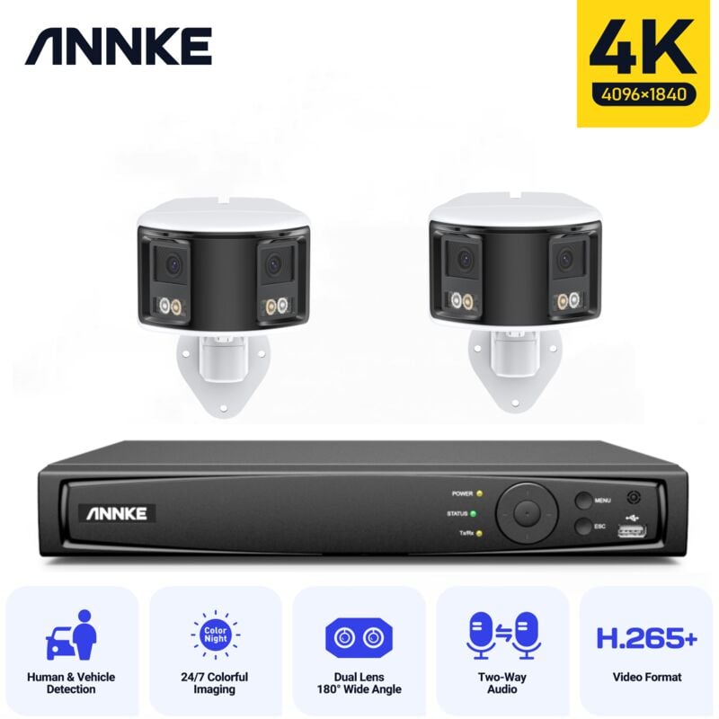 4K PoE kit de vidéosurveillance panoramique 180 ° double objectif caméra H.265 + 2 voies audio cctv caméra système de sécurité - Annke