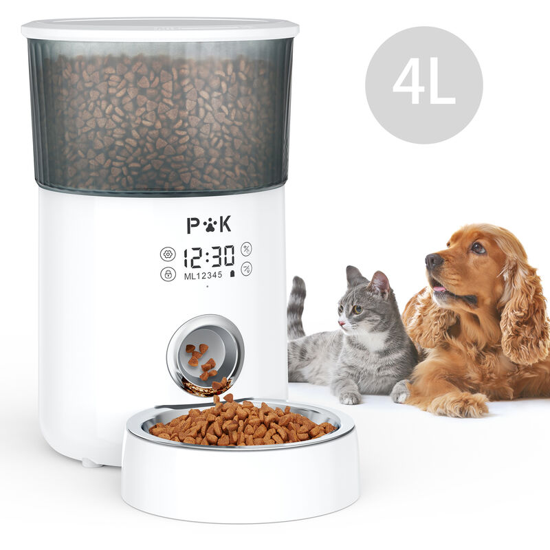 P&k - 4L Distributeur de Nourriture Automatique Blanc pour Chat et Chien Distributeur de Croquette Gamelle 5 Repas par Jour Avec Écran Tactile