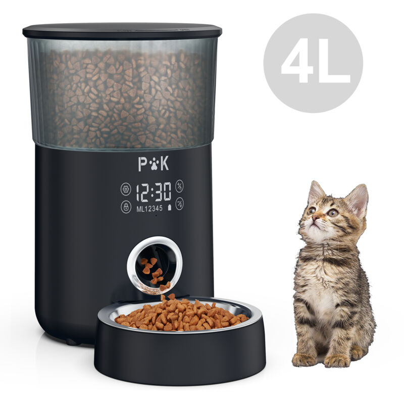 P&k - 4L Distributeur de Nourriture Automatique pour Chat et Chien Distributeur de Croquette Gamelle 5 Repas par Jour Avec écran Tactile, Noir