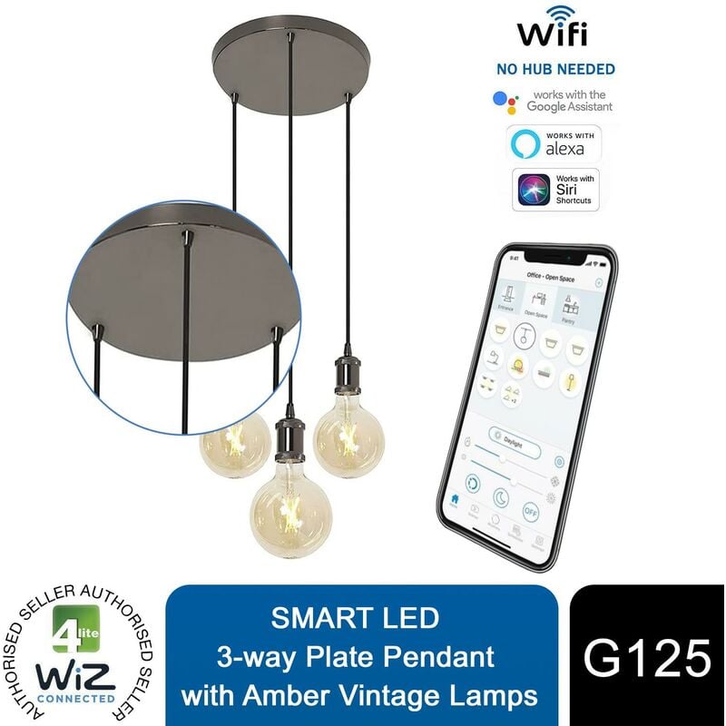 4lite WiZ Connected Smart LED 3-Way Plate Pendant with G125 Amber Vintage Lamps