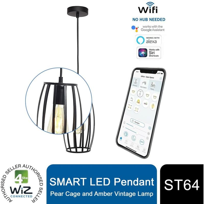 4lite - WiZ Connected Smart led Pendant with Pear Cage & ST64 Amber Vintage Lamp