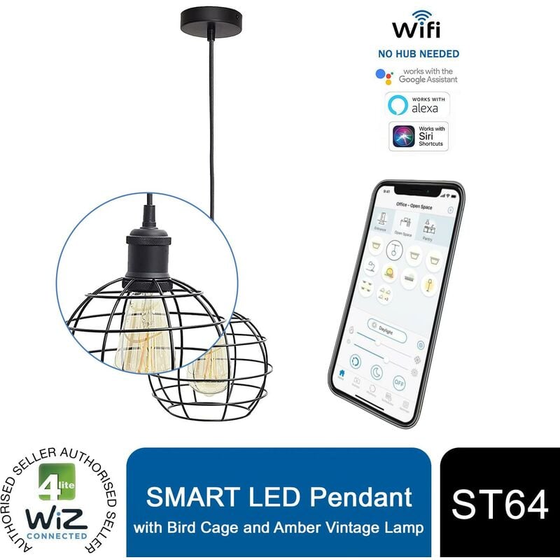 4lite - WiZ pendant with Bird Cage and ST64 Amber Vintage Lamp