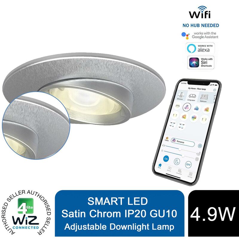 4lite WiZ Connected GU10 White LED Lamp & Satin Chrome Adjustable Downlight IP20