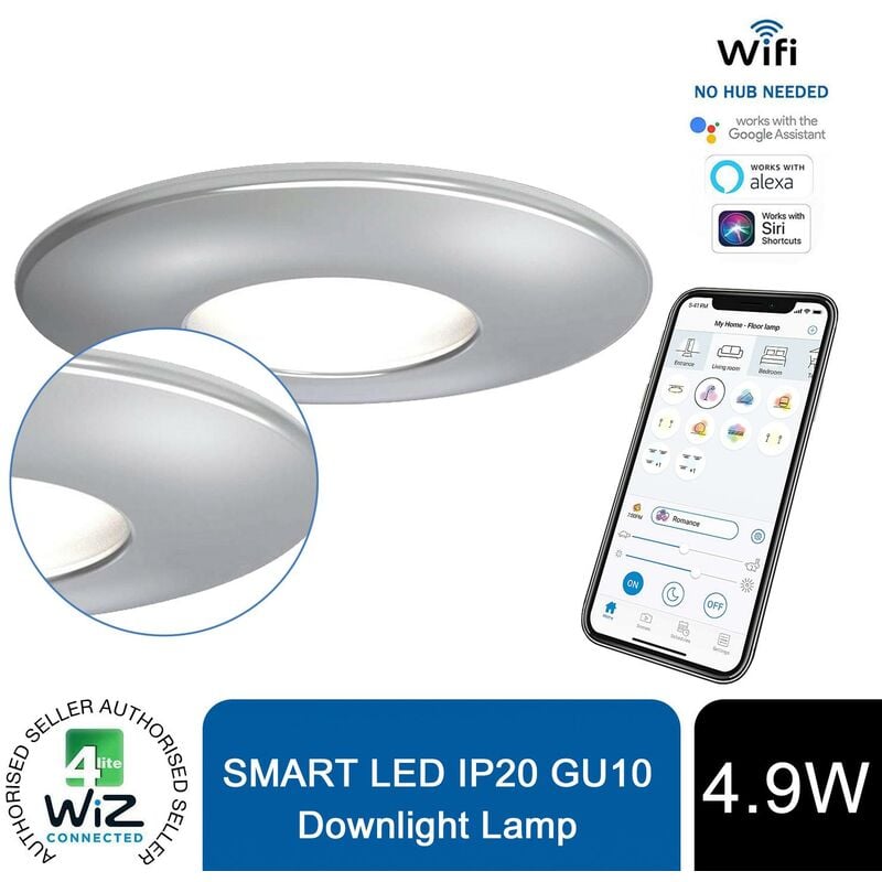 4lite - WiZ Connected GU10 Smart led Bulb with Chrome Fire Rated Downlight IP20