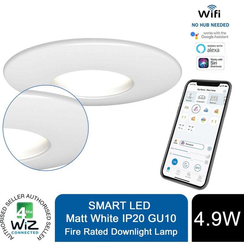 4lite - WiZ Connected GU10 Smart led Bulb with Matt White FireRated Downlight IP20