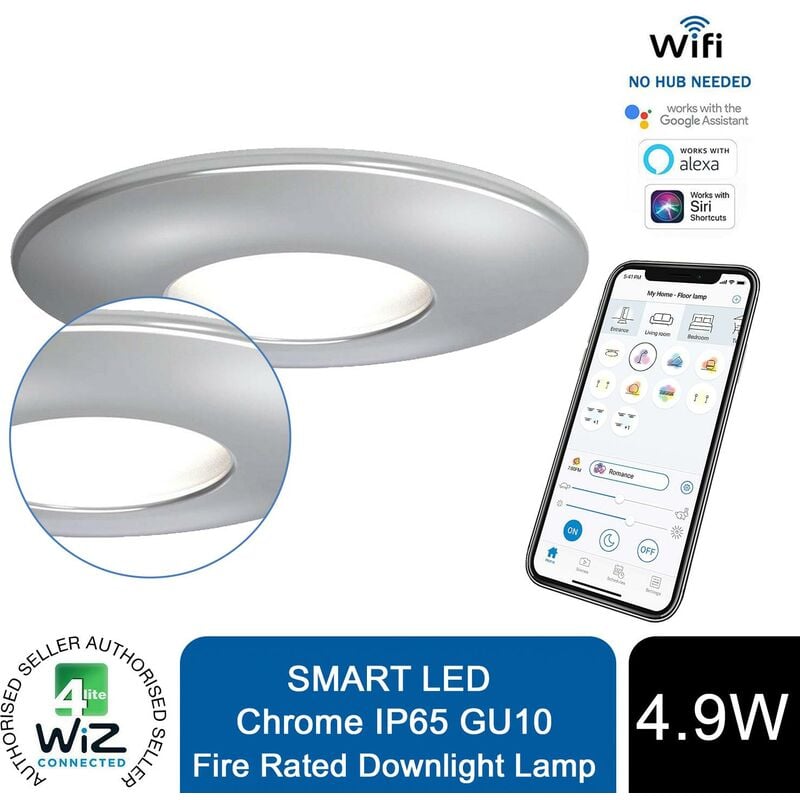 4lite WiZ Connected GU10 Smart LED White Bulb with Chrome Downlight IP65