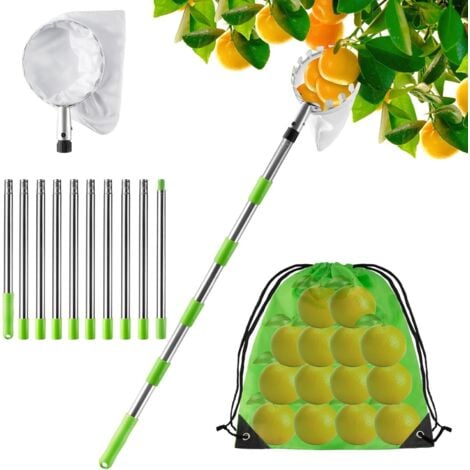 BAZYWTYH 4M Cueille Fruit Telescopique, Ramasse Pomme INOX et Sac de Rangement, Poteau Réglable Cueille Fruit pour Pommes Poires Oranges Pêches Cerises