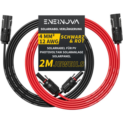 ENERNOVA 4mm² 2m SolarKabel, Verlängerungskabel beidseitig kompatibel mit MC4 Solarkabel rot / schwarz inkl. Stecker