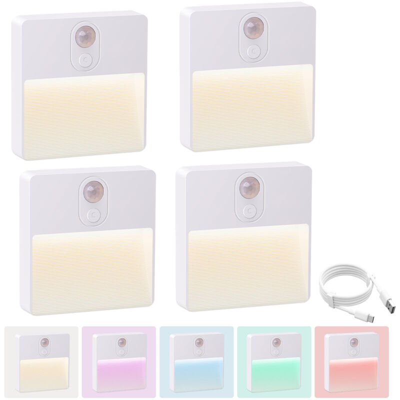 4PACK Luz de noche LED con sensor de movimiento, luz de escalera recargable por USB, lámpara de noche RGB para pasillos y escaleras