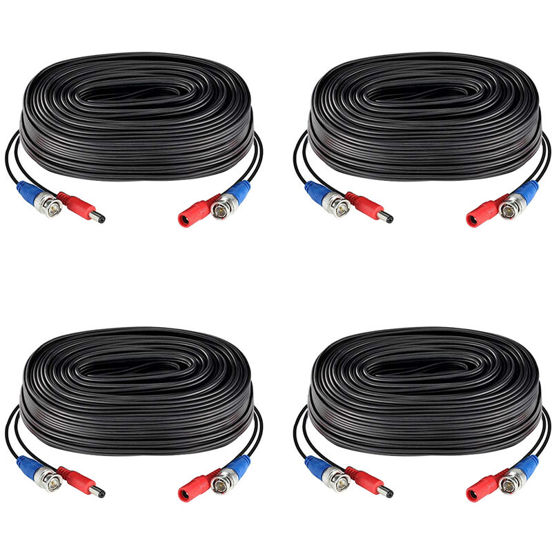 

Asupermall - 4pack Negro 60 pies /18.3M 2-en-1 Suministro de energia del cable de video cable BNC del CCTV de extension para las camaras del sistema