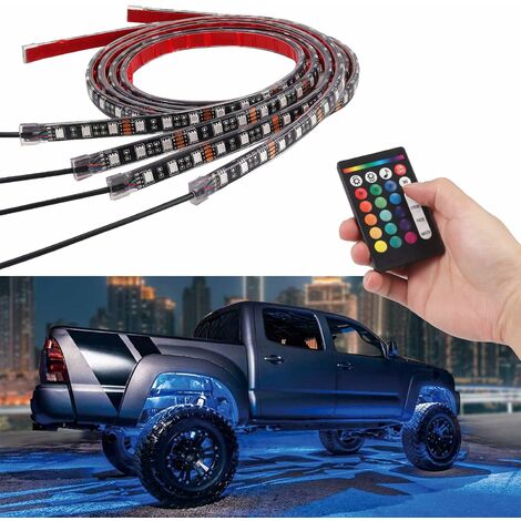 4pcs 16 Couleurs LED Feux de Barre Lumière Néon 12V RGB SMD Lumière Atmosphère Décorative Son Active avec 4xCâble d'Extension 24-Keys RF Contrôleur IP68 étanche pour Pare-chocs Bas de Voiture