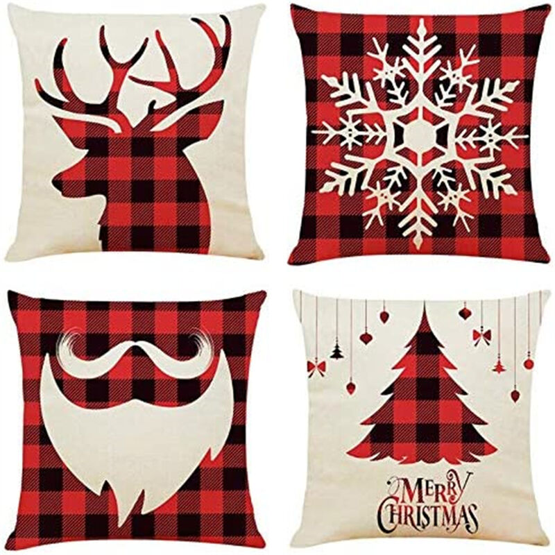 4Pcs 18X18 Throw Pillow Covers Christmas Decorative Couch Pillow Cases Pillow Square Cushion Cover For Sofa, Bed(Red Plaid)