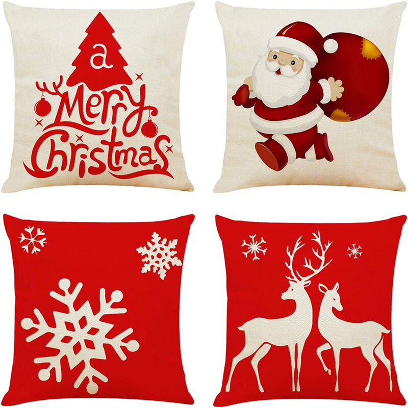 4Pcs 18X18 Throw Pillow Covers Christmas Decorative Couch Pillow Cases Pillow Square Cushion Cover For Sofa,Bed��Elk Father Christmas��Snowflakes��
