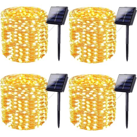 4pcs 30m 300 LED solaire string Light, super lumineux solaire Halloween lumière extérieure, Jardin Terrasse Noël 8 modes d'éclairage (blanc chaud)