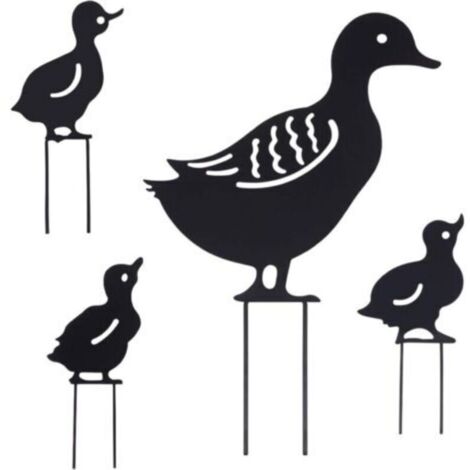 4pcs 4 Styles Canard Jardin Piquets en Métal Animaux Silhouettes Extérieur Silhouette Piquet Noir Pelouse Ornements Creux Jardinage Colvert Art Statues Accessoires Décoratifs pour Cour