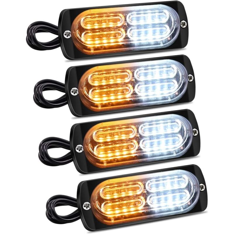 4PCS 4D feux latéraux stroboscopiques, barre de lumière d'avertissement de danger à 20 LED ambre et blanc feux clignotants d'urgence étanche 12V 24V