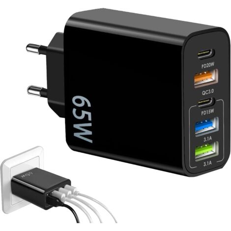4PCS 65W Prise Chargeur Rapide, 5-Port Chargeur USB C Multiple, Prise Multiple USB,Adaptateur d'alimentation,Prise Secteur USB C,Multi Secteur PD+QC 3.1A Type C Adaptateur(Noir,EU)