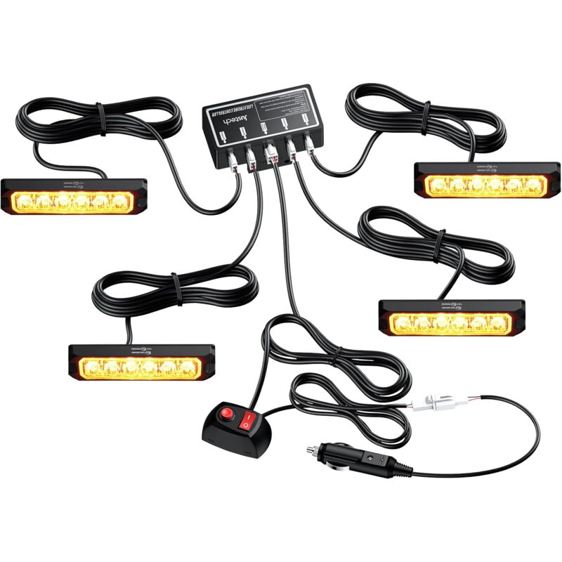 Gotrays - 4PCS 6LEDs Car Strobe Flash Lights Hazard Warning Beacon Emergency Flashing Lights 8 Modes IP65 Waterproof with Main Control Box 12V 24V