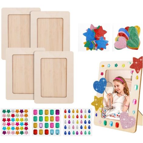 4Pcs A6 Wooden Photo Frames, 14x19cm Blank Wood Picture Frame, DIY Photo Frame with Diamond Shape Stickers and Gold Powder for Kids Creative DIY Drawing Project, Tabletop Display