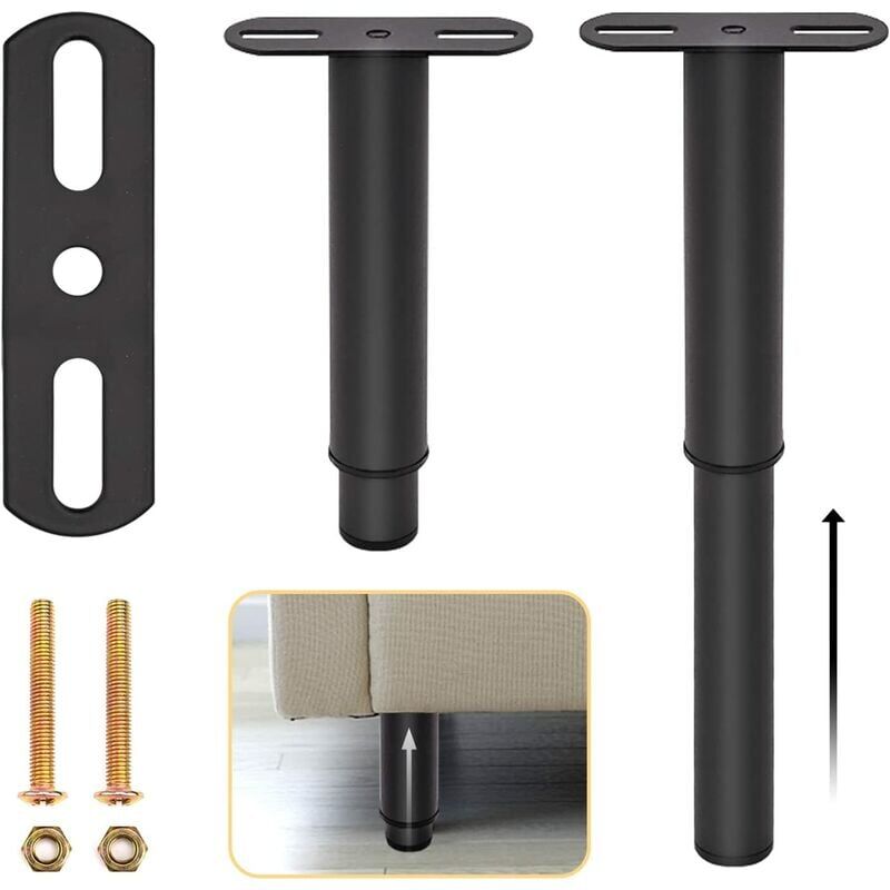 Aiperq - 4pcs Adjustable Metal Bed Legs for Furniture Retractable Black Heavy Duty Retractable Bed Support Feet with Parts for Cabinet Sofa Bed Frame